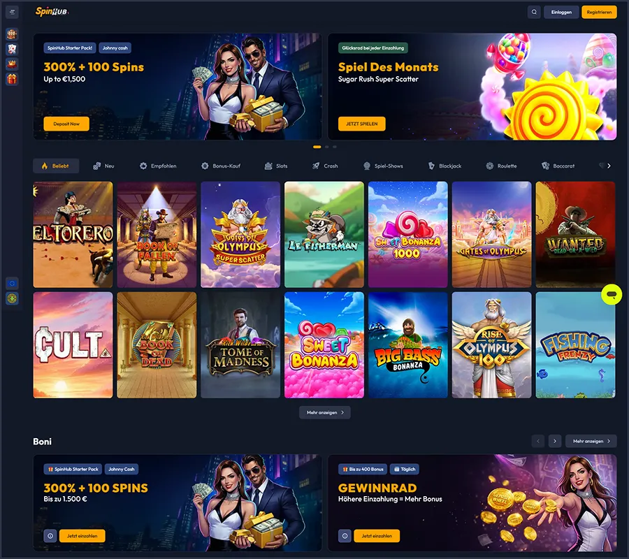 Übersicht der SpinHub Casino-Hauptseite